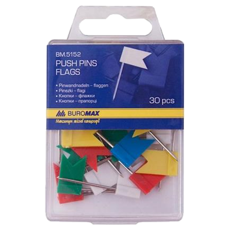 Кнопки BUROMAX (BM.5152) металеві з пластиковим прапорцем, 30шт.